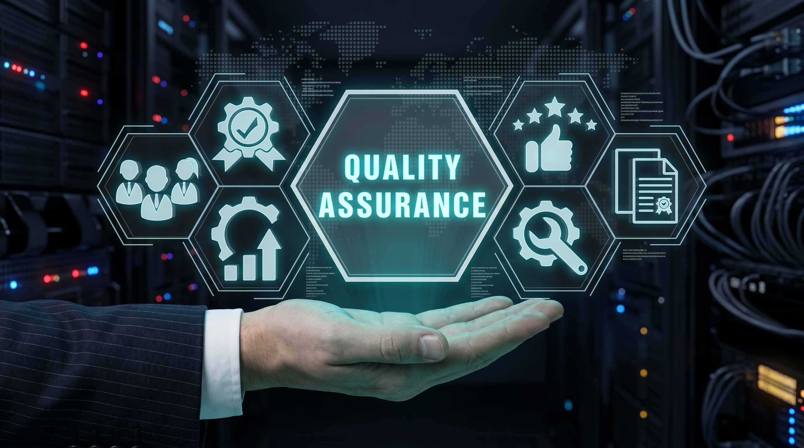 Quality Assurance - hexagon icons for team, standards, analytics, and certification