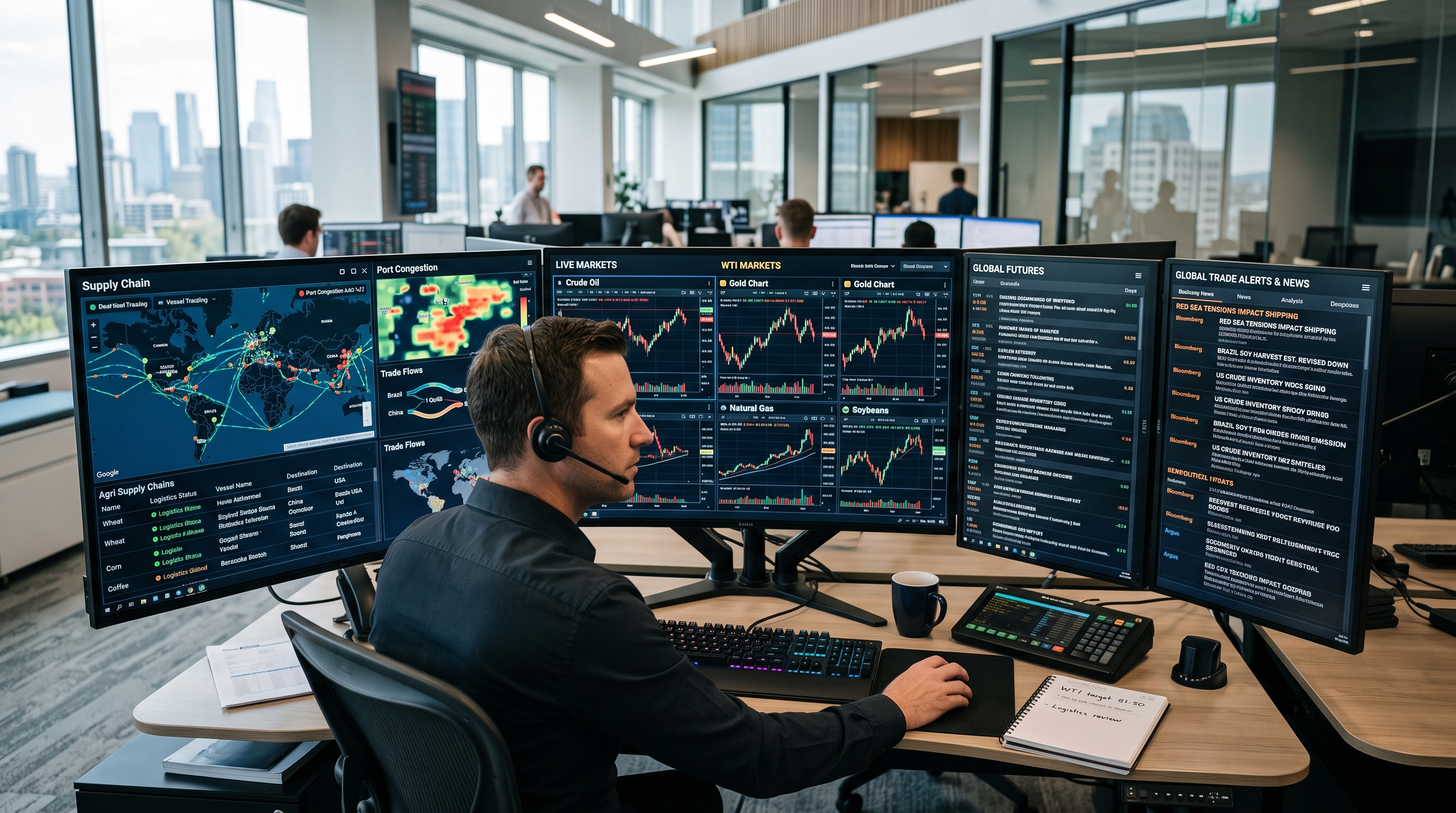 Trading dashboard - multi-monitor setup with Supply Chain, Live Markets, WTI and Global Futures